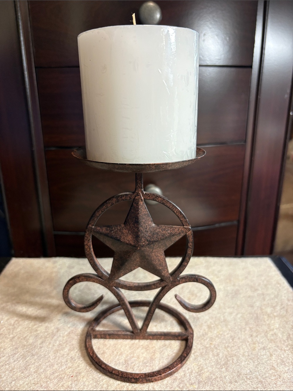 Rustic Star Metal Candle Holder with White Pillar Candle